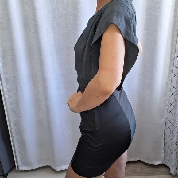 35. All Saints Silky Ruffle Sleeve Werbovy Hip Hugging Mini Dress Grey & Black 6 - Picture 1 of 7